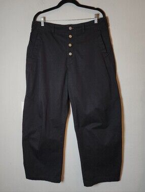 Anthropologie Pilcro Linen Cotton Arin Button-Front Black Barrel Pant 31 (12)